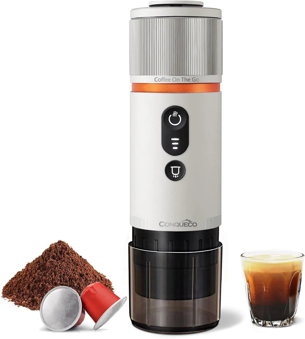 Nespresso CONQUECO Portable Espresso Coffee Machine, 12V, 8 Cups, Pearl White, for Camping RV Hiking Office, Cordless Design, Heat Function