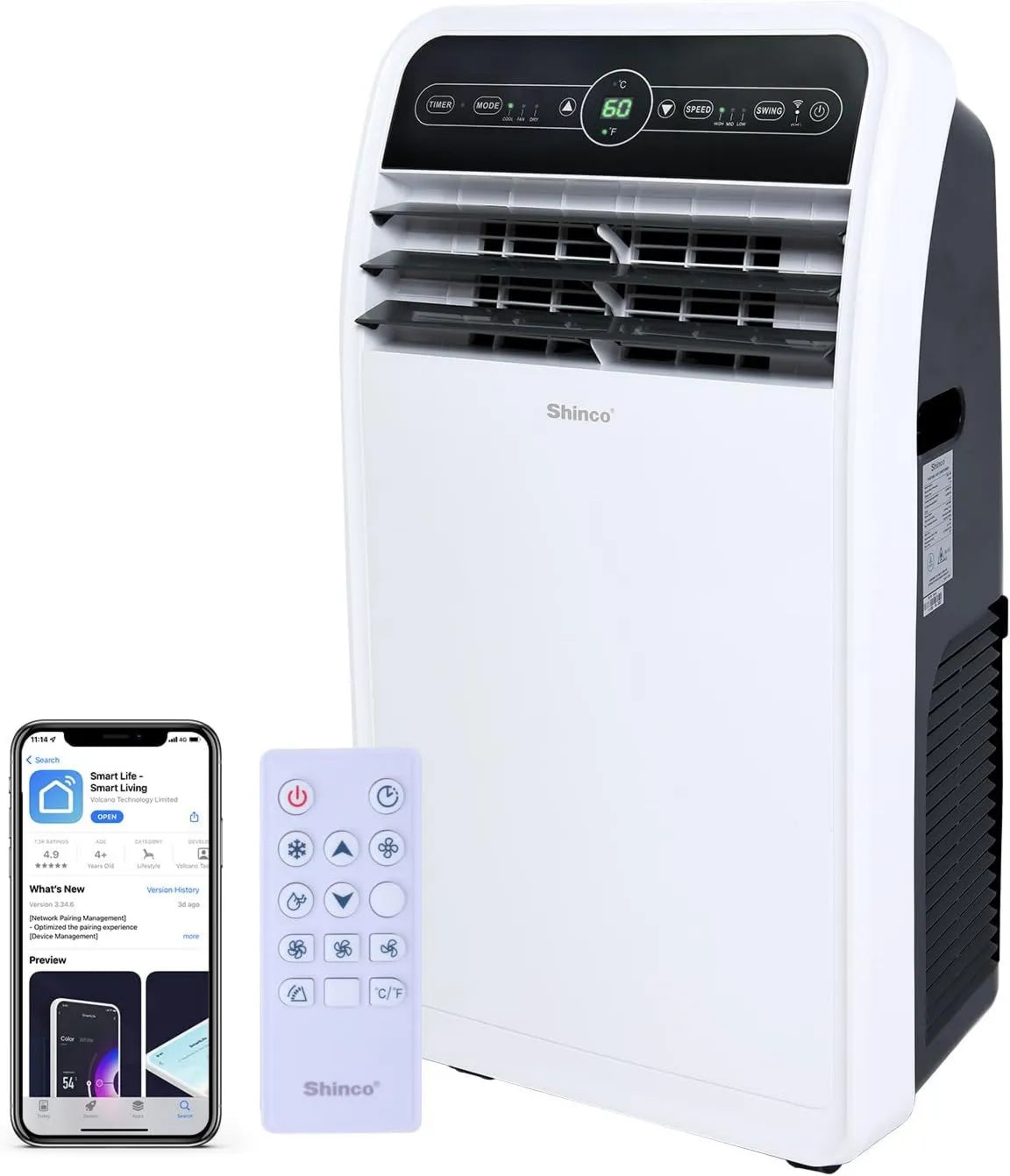 Air Conditioner Shinco 12000 BTU Portable 3-in-1, WiFi, Timer, Compact Portable Design, Portable AC Unit with Built-in Cool, Installation Kits