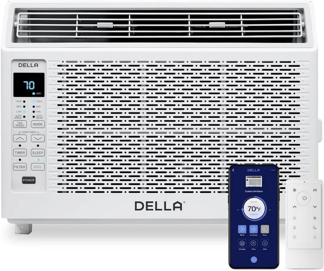 Air Conditioner DELLA 6000, 6000 BTU, WIFI, Cools Up to 250 Sq, GEO Location, Easy Install, Work with Alexa, Reusable Filter