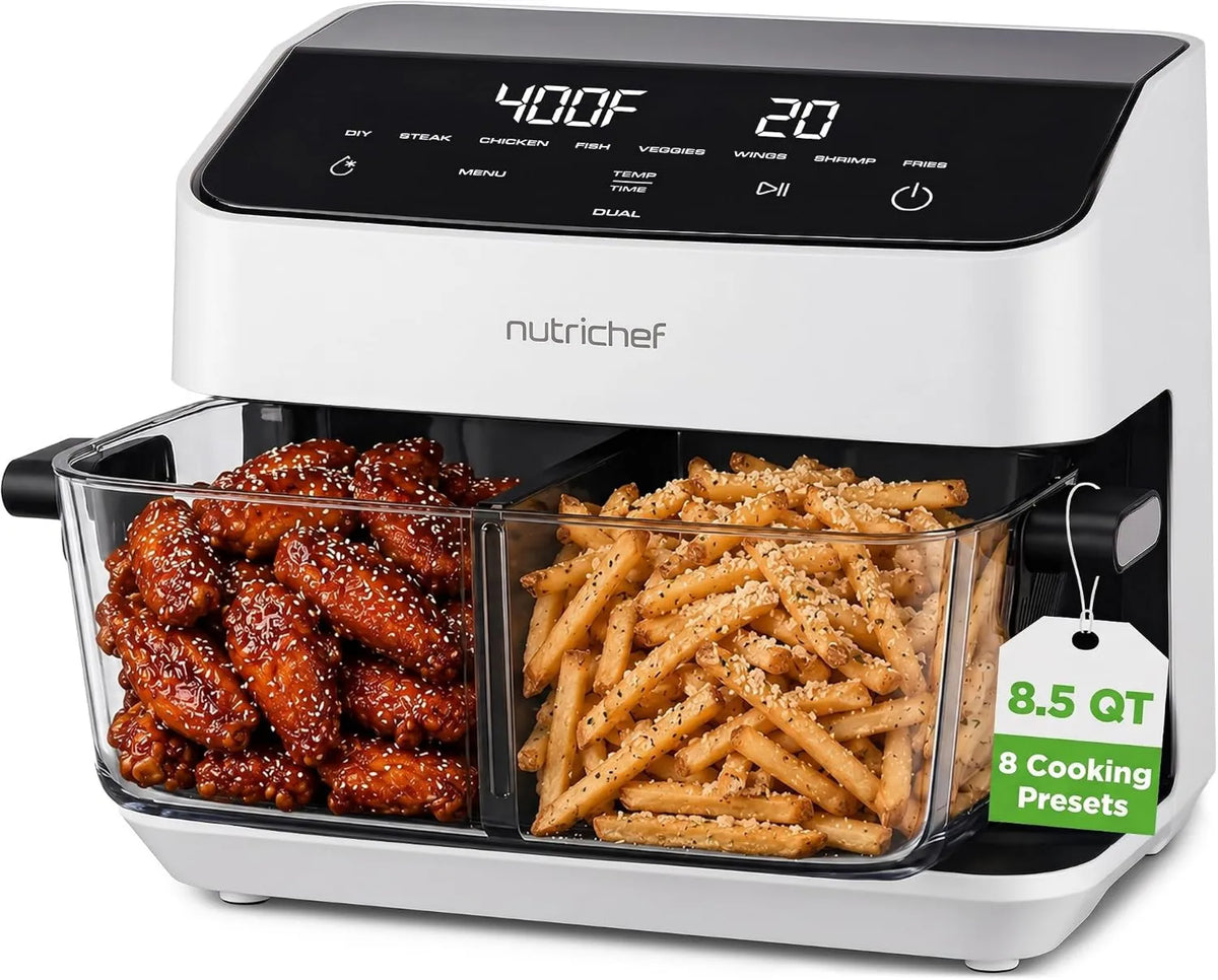 Air Fryer 8-in-1, 8.5 Quart, Adjustable Temperature, Timer, 8-in-1 Preset Dual Cook Modes, Cook Steak, Fries & More, NutriChef