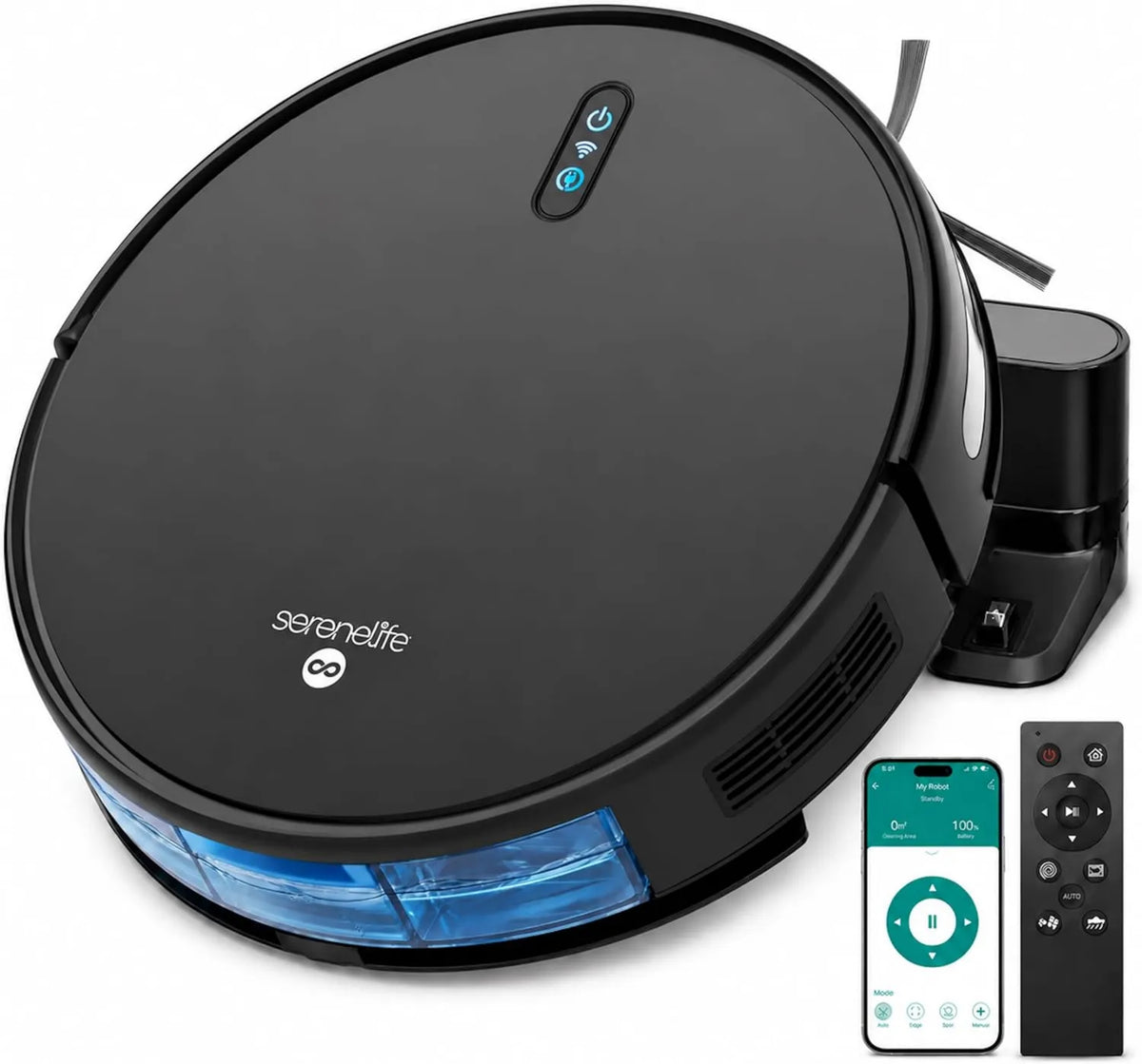 Robot Vacuum and Mop, App Control, Vacuum Suction, Extreme Suction, Ideal for Pet Hair, Internal Water Tank, Carpet and Hard Floors, SereneLife