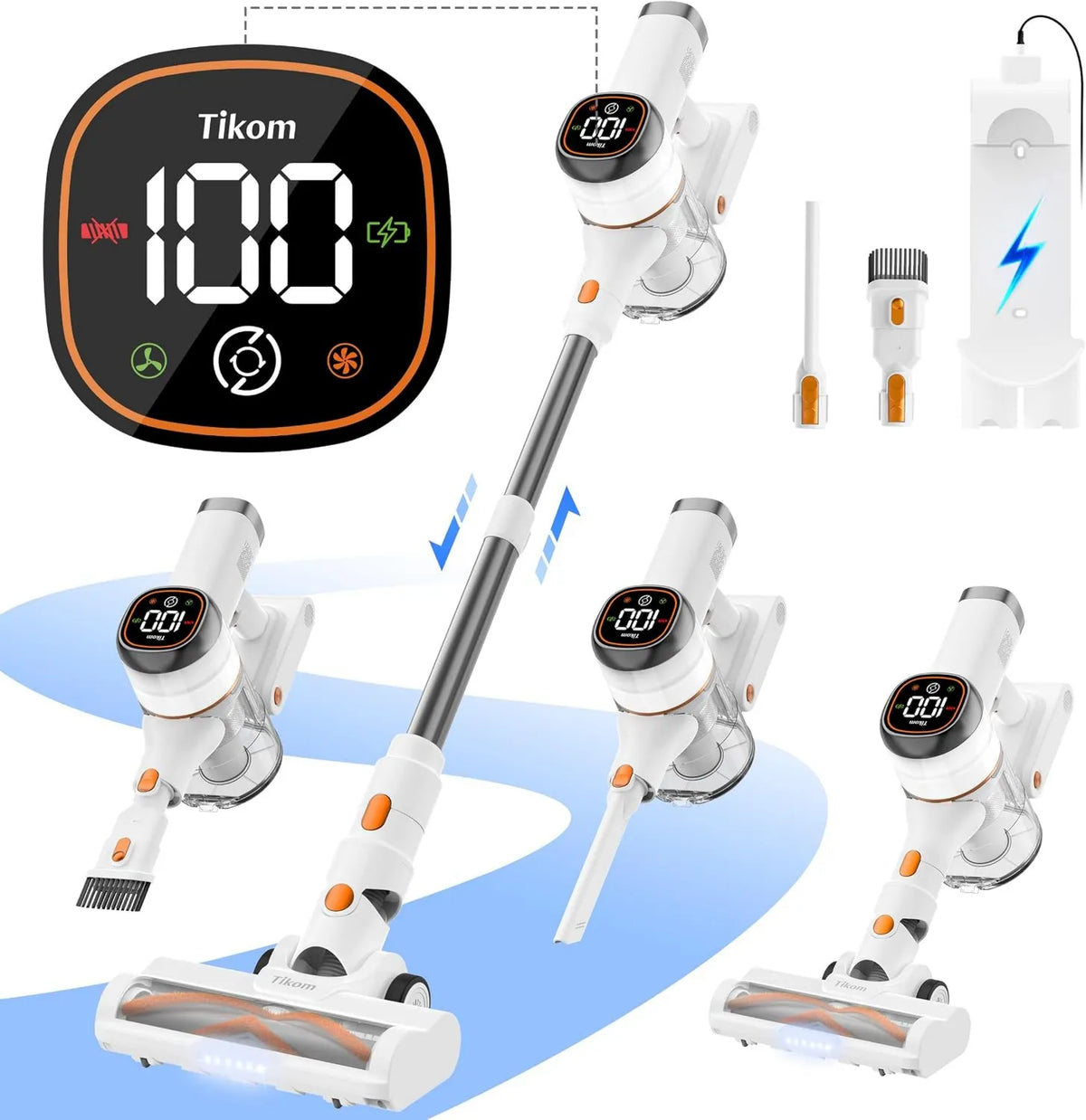 Cordless Stick Vacuum V500, 450W, 40000Pa, Cordless Design, Touch Controls, Anti-Tangle Brush, Hard Floor, Charging Wall Dock, Tikom