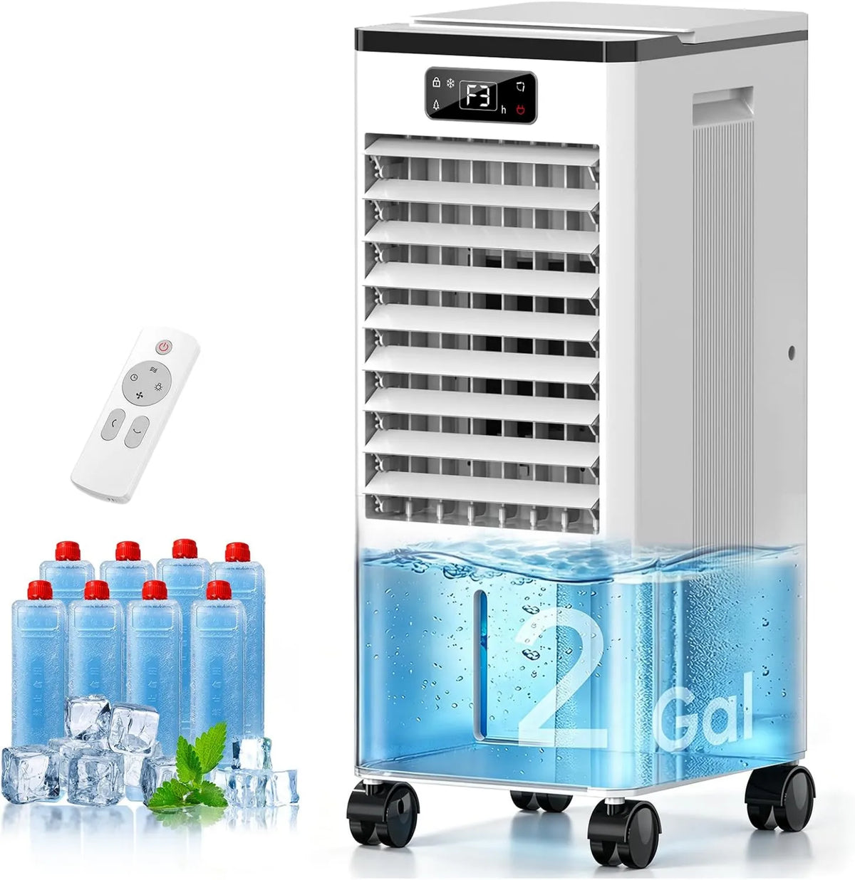 4-in-1, Touch Controls, 15ft, 4-in-1 Evaporative Air Cooler, Swamp Cooler with 2-Gallon Tank, Windowless Cooler for Home Office