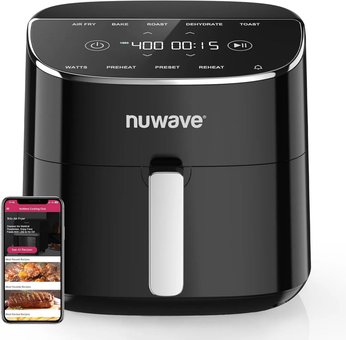 Air Fryer Brio Plus, 8 Qt, New & Improved, PFAS-Free Ceramic Coating, Ceramic Technology, Nuwave