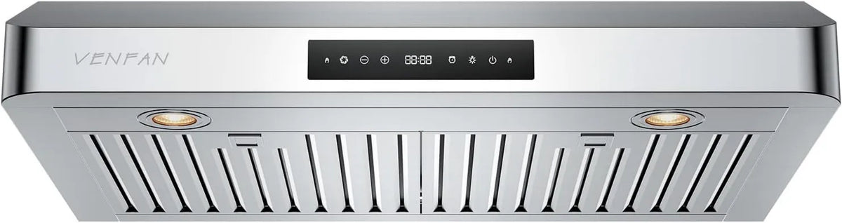 Range Hood, 1200 CFM, 30 Inch, Touch Controls, Automatic Shutoff, Timer, 4 Fan Speeds, Removable Grease Filters, Under