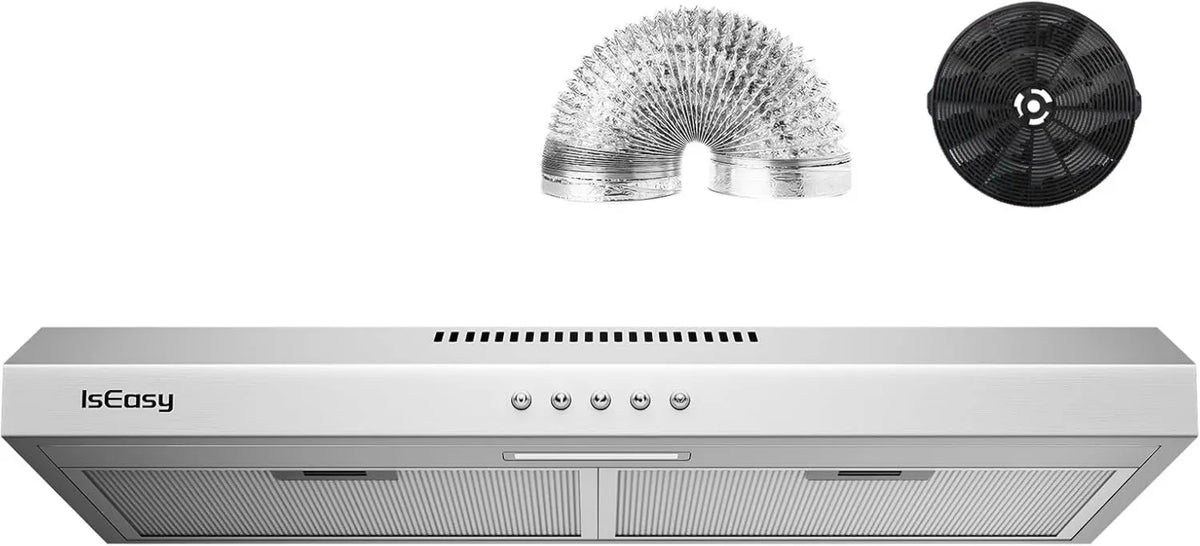 Range Hood IsEasy Under 3-Speed, 250 CFM, 30 Inch, Stainless Steel, Ducted/Ductless Convertible, LED Light and Reusable Charcoal Filter