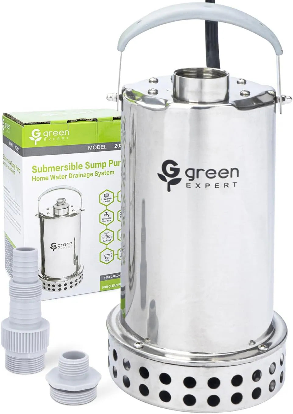 Utility Water Pump Expert 1HP 4000GPH, Oil-Free Top Discharge Water Removal for Basements, Hot Tubs & Drainage Pits, Stainless Steel, Green