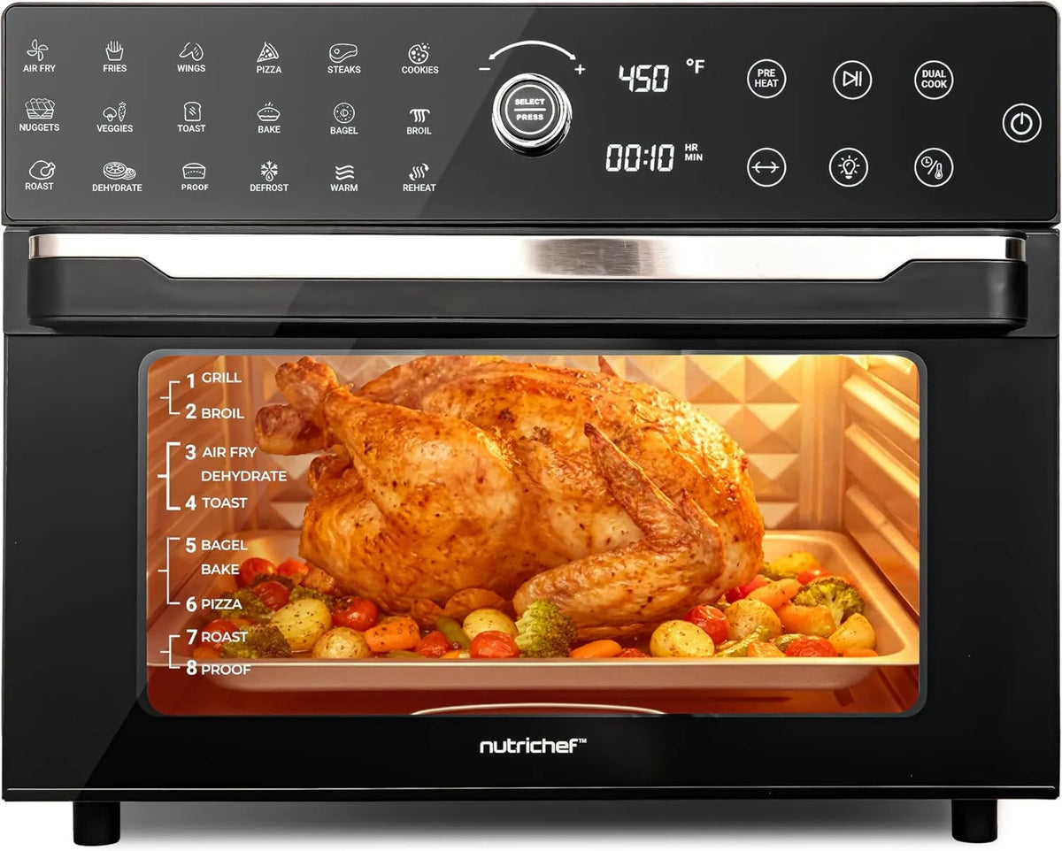 Air Fryer, 32 Quart, Rotisserie Function, Convection Cooking, Large Capacity, 18' x 17' x 14, Digital Airfryer with 20 Presets, Dual Cook, NutriChef