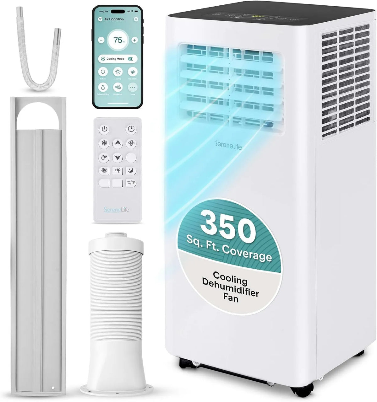 Air Conditioner Fan and 3-in-1, Timer, Compact Portable Design, 8000 BTU, WIFI, Home & Office, AC Unit for Bedroom, Window Kit & Remote, SereneLife