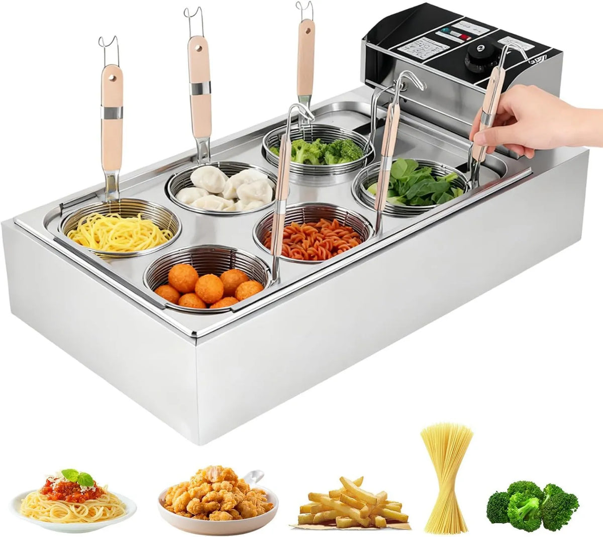 Commercial Pasta Cooker, 110V, 6 Baskets, Stainless Steel, 50-300℃ Temperature Control, Adjustable Temperature, Commercial-Grade Design