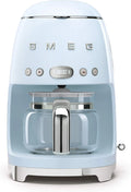 Smeg 50's Retro Style Aesthetic Drip Coffee Maker, 10 Cup, Glass Carafe, Pastel Blue, Keep Warm Plate, Auto Start Feature