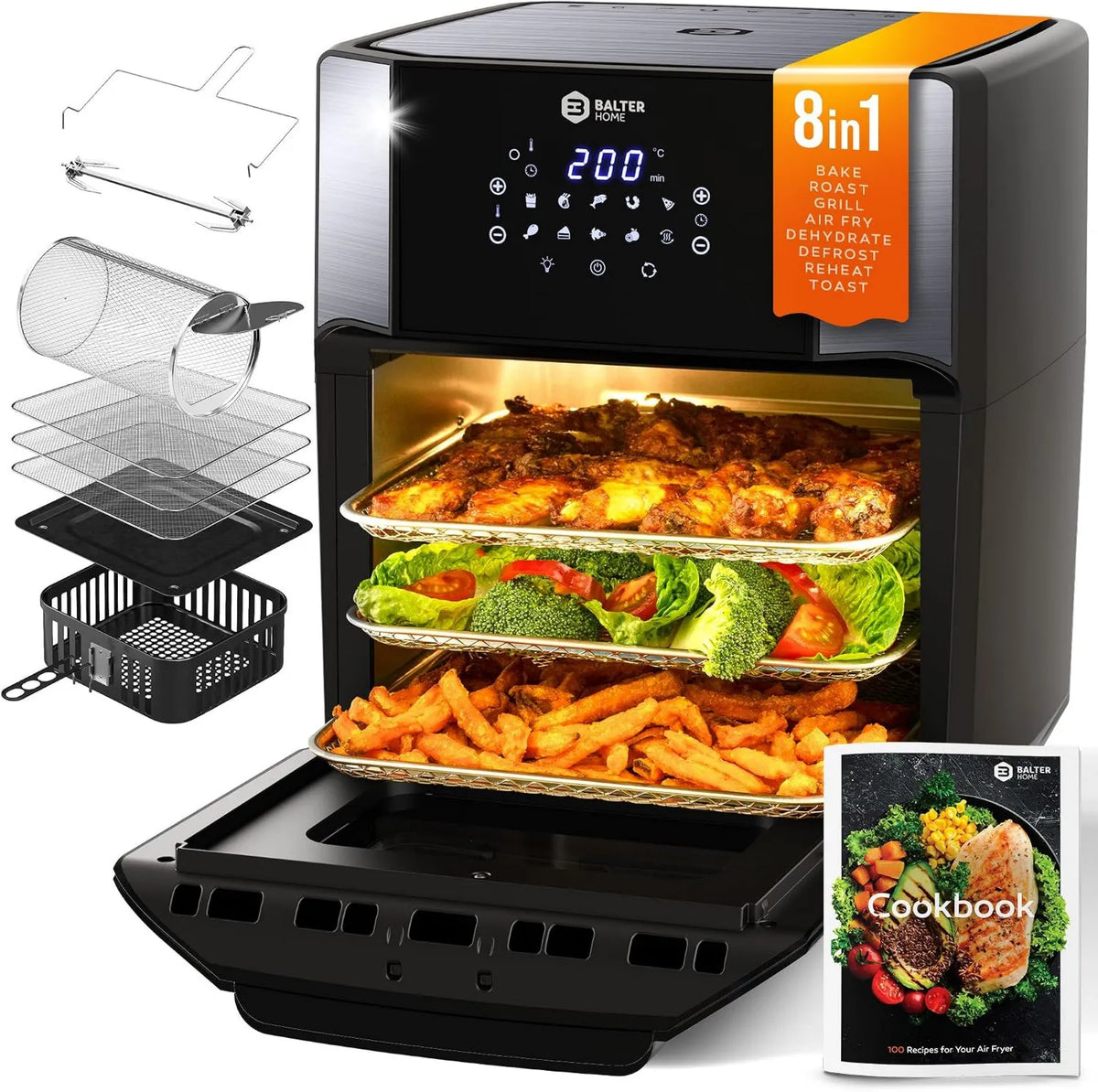 Air Fryer 6-in-1, Touch Controls, Stainless Steel, Rotisserie Function, Convection Cooking, 13 QT, Recipe Book, Windowed Door, Food Dehydrator