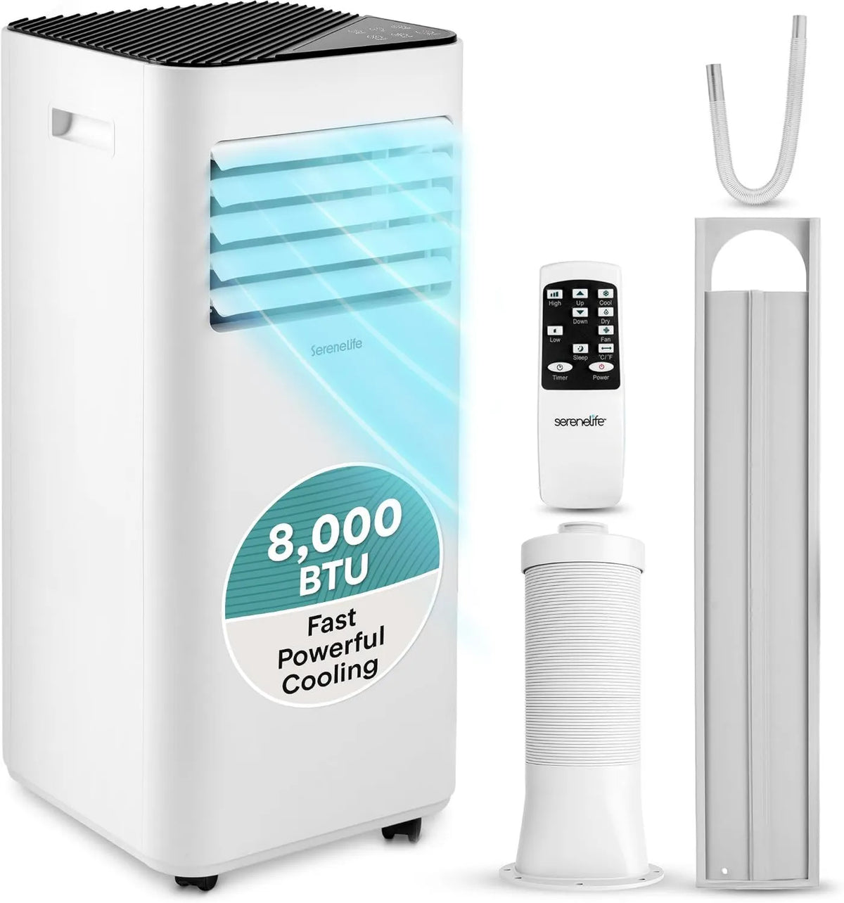 Air Conditioner SLPAC180W, 8000 BTU, 3-in-1, Remote Control, Compact Portable Design, Window Mount Kit, Universal Casters, SereneLife
