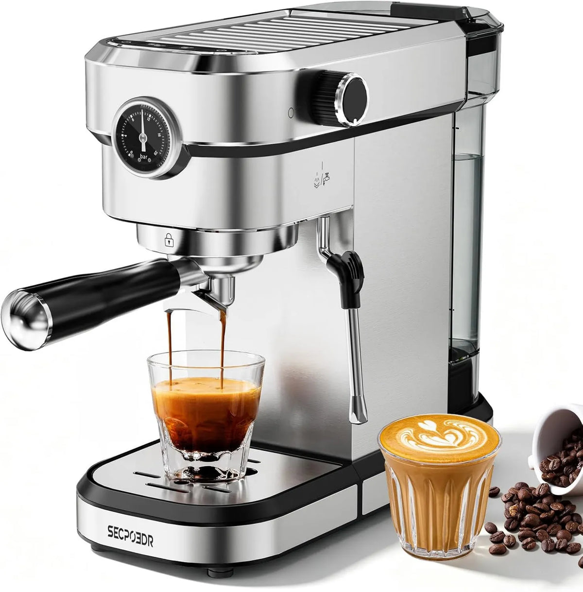 Espresso Machine 20 Bar Semi-Automatic, Coffee Machine with Removable Water Tank for Cappuccino & Latte, Removable Water Reservoir, Stainless Steel