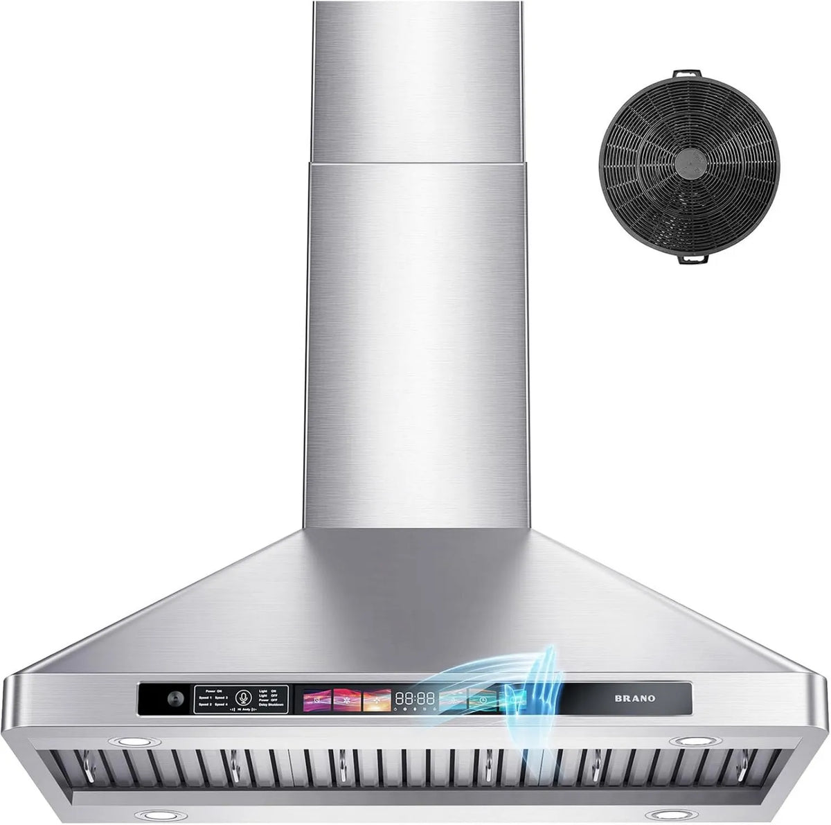 Range Hood 4-Speed, 900 CFM, 30 Inch, Touch Controls, Stainless Steel, Wall-Mountable, Adjustable LED Lights, Gesture & Touch Control