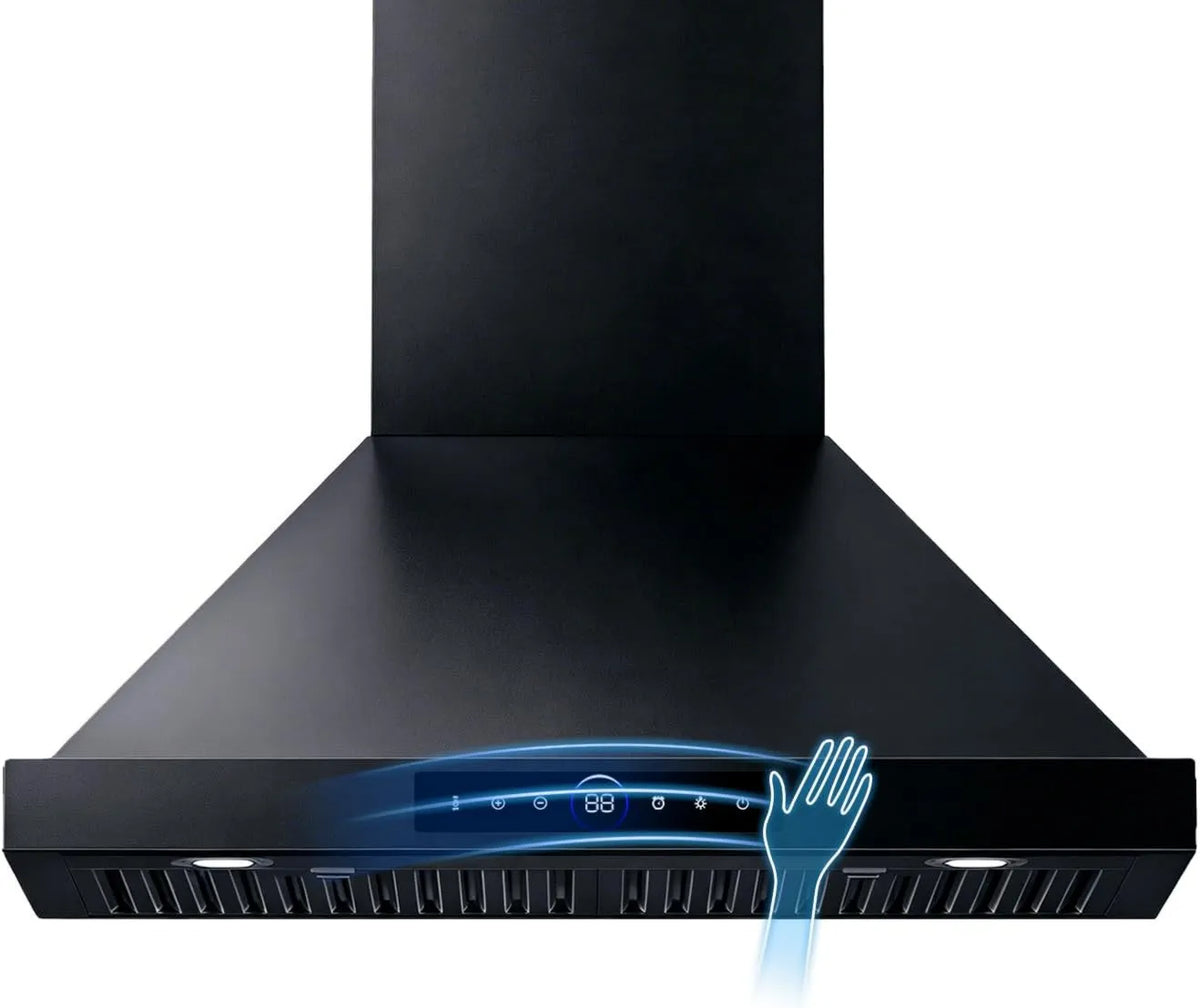 Range Hood 4-Speed, Touch Controls, Wall-Mountable, 1200 CFM, 30 Inch, Dual LED Lights, Baffle Filters Ducted/Ductless Convertible Black Pro Series