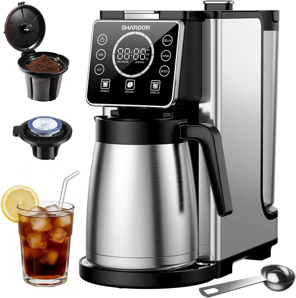 Drip Coffee Maker Single Serve & Carafe 6-32oz, 95oz, Programmable Brewing, Hot and Iced Brewing, Removable Water Reservoir, Thermal Carafe, SHARDOR