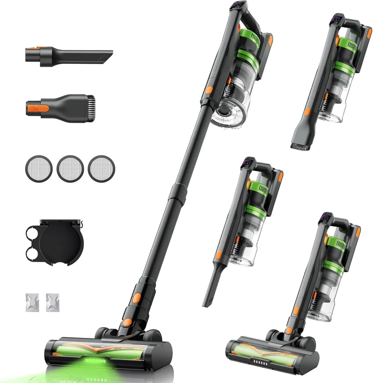 Cordless Stick Vacuum, 650W, 1.8L, 55KPa, 1.8L Dust Cup, Green Headlights, V-Anti-Tangle Rollor, Vacuum Cleaner for Pet Hair Carpets Floors, 70Mins