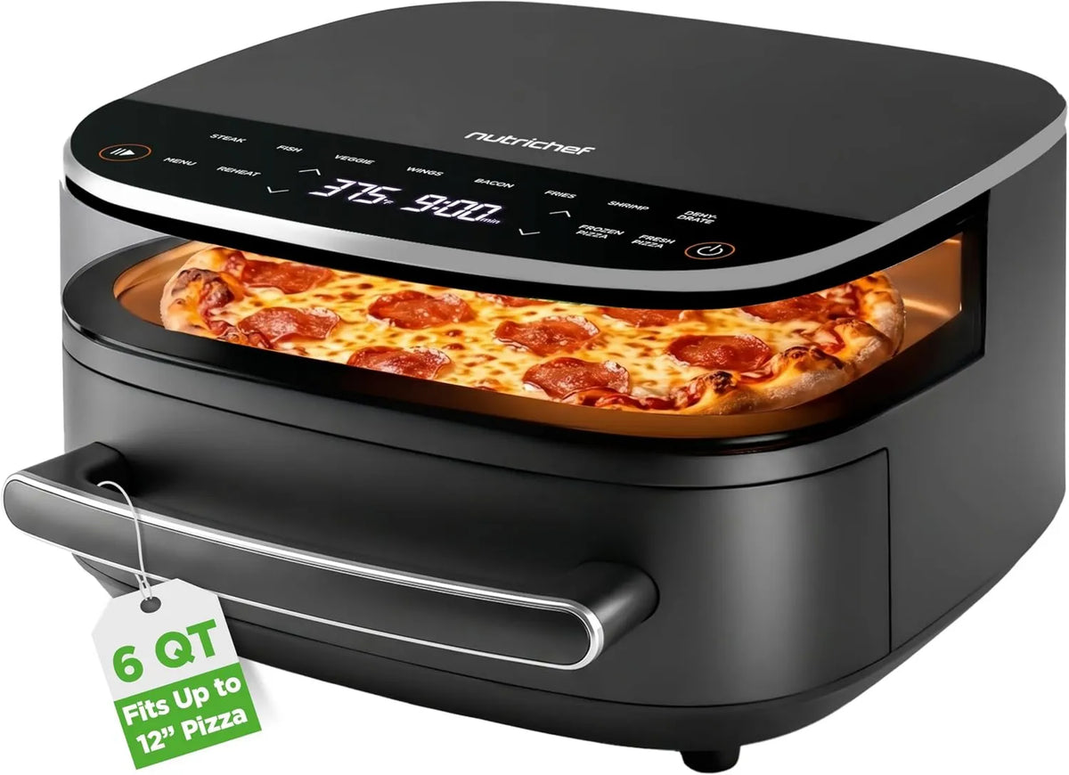 Air Fryer 11-in-1, Adjustable Temperature, Timer, 6 Quart, Extra-Large Basket Fits Up to 12' Pizza, Dual Heat Source Technology, NutriChef