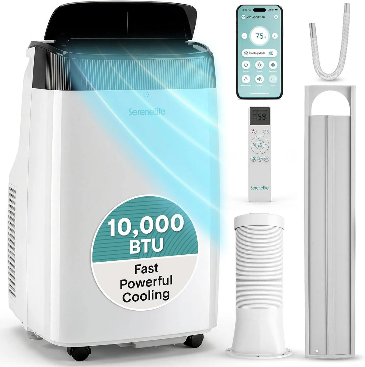 Air Conditioner Fan and 3-in-1, 10000 BTU, WIFI, Timer, Compact Portable Design, Home & Office, AC Unit for Bedroom, Window Kit & Remote, SereneLife