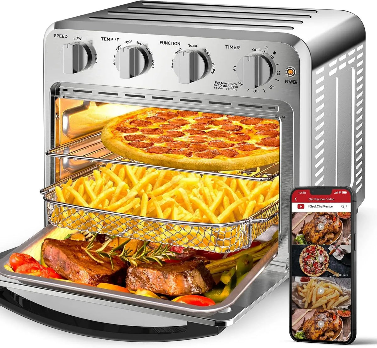 Air Fryer 5-in-1, Stainless Steel, Convection Cooking, 16QT, Broil and Warm Functions, Convection AirFryer with Bake, Geek
